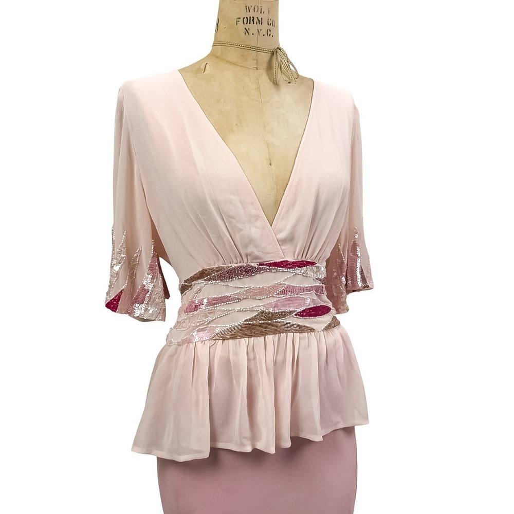 Y2K Glam Sequin Beaded Peplum Blouse V-Neck Flutter Sleeve Top Pink Coquette L - Picture 6 of 9